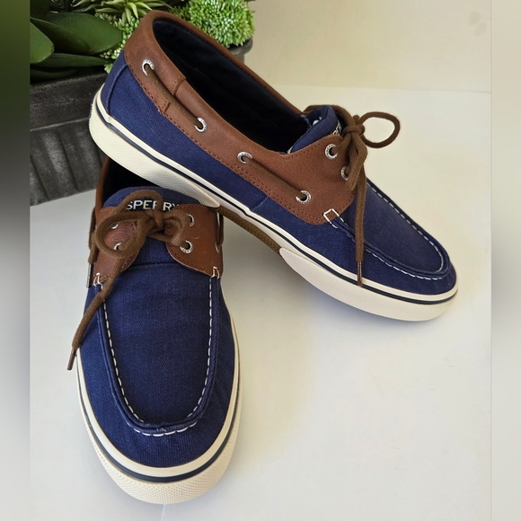 Sperry Other - Sperry Halyard 2 Eye Boat Shoes Navy Denim Leather Trim MN 13 Wide Preppy Casual
